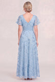 Light Blue A Line Sequin Mother of the Bride Dress with Short Sleeves