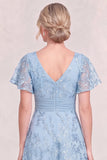 Light Blue A Line Sequin Mother of the Bride Dress with Short Sleeves