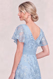 Light Blue A Line Sequin Mother of the Bride Dress with Short Sleeves