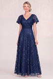 Light Blue A Line Sequin Mother of the Bride Dress with Short Sleeves