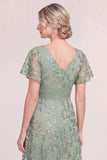 Light Blue A Line Sequin Mother of the Bride Dress with Short Sleeves