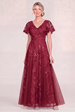Burgundy A Line V Neck Appliqued Mother of the Bride Dress with Sequins