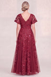 Burgundy A Line V Neck Appliqued Mother of the Bride Dress with Sequins