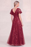 Burgundy A Line V Neck Appliqued Mother of the Bride Dress with Sequins
