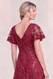 Burgundy A Line V Neck Appliqued Mother of the Bride Dress with Sequins
