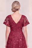 Burgundy A Line V Neck Appliqued Mother of the Bride Dress with Sequins