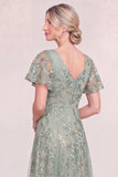 Burgundy A Line V Neck Appliqued Mother of the Bride Dress with Sequins