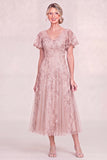 Navy Blue V Neck Sequin A Line Midi Mother of the Bride Dress with Short Sleeves