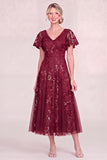 Navy Blue V Neck Sequin A Line Midi Mother of the Bride Dress with Short Sleeves