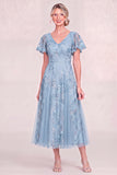 Navy Blue V Neck Sequin A Line Midi Mother of the Bride Dress with Short Sleeves