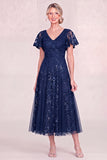 Navy Blue V Neck Sequin A Line Midi Mother of the Bride Dress with Short Sleeves