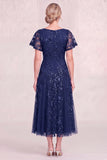 Navy Blue V Neck Sequin A Line Midi Mother of the Bride Dress with Short Sleeves