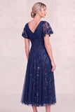 Navy Blue V Neck Sequin A Line Midi Mother of the Bride Dress with Short Sleeves