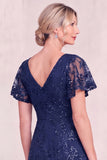 Navy Blue V Neck Sequin A Line Midi Mother of the Bride Dress with Short Sleeves