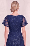 Navy Blue V Neck Sequin A Line Midi Mother of the Bride Dress with Short Sleeves