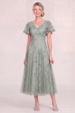 Navy Blue V Neck Sequin A Line Midi Mother of the Bride Dress with Short Sleeves