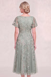 Navy Blue V Neck Sequin A Line Midi Mother of the Bride Dress with Short Sleeves