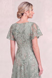 Navy Blue V Neck Sequin A Line Midi Mother of the Bride Dress with Short Sleeves