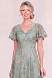 Navy Blue V Neck Sequin A Line Midi Mother of the Bride Dress with Short Sleeves