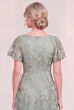 Navy Blue V Neck Sequin A Line Midi Mother of the Bride Dress with Short Sleeves