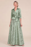 Green Jacquard Floral A Line Mother of the Bride Dress with 3/4 Sleeves