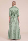 Green Jacquard Floral A Line Mother of the Bride Dress with 3/4 Sleeves