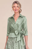 Green Jacquard Floral A Line Mother of the Bride Dress with 3/4 Sleeves