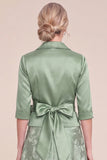 Green Jacquard Floral A Line Mother of the Bride Dress with 3/4 Sleeves