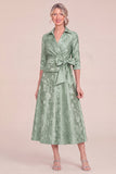 Green Lapel Collar Floral Jacquard A Line Mother of the Bride Dress with Sleeves