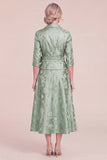 Green Lapel Collar Floral Jacquard A Line Mother of the Bride Dress with Sleeves
