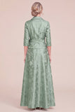 Floral Jacquard A Line Green Mother of the Bride Dress with Bow