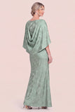 Mermaid Floral Jacquard Green Mother of the Bride Dress with Cape Sleeves