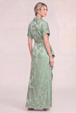 Collar Green Floral Jacquard Mother of the Bride Dresss with Slit