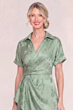 Collar Green Floral Jacquard Mother of the Bride Dresss with Slit