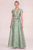 Green Floral Shawl Lapel A Line Mother of the Bride Dress with Bow