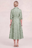 Green Floral A Line Collar Midi Mother of the Bride Dress with 3/4 Sleeves