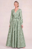 Floral Green V Neck A Line Long Sleeve Mother of the Bride Dress with Bow