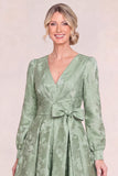 Floral Green V Neck A Line Long Sleeve Mother of the Bride Dress with Bow