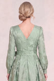 Floral Green V Neck A Line Long Sleeve Mother of the Bride Dress with Bow