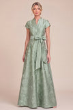 Green Jacquard Stand Collar A Line Mother of the Bride Dress with Bow