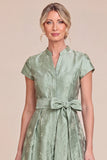 Green Jacquard Stand Collar A Line Mother of the Bride Dress with Bow
