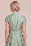 Green Jacquard Stand Collar A Line Mother of the Bride Dress with Bow