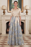 Champagne A Line Jacquard Laepl Collar Mother of the Bride Dress with Half Sleeves