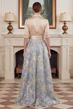 Champagne A Line Jacquard Laepl Collar Mother of the Bride Dress with Half Sleeves