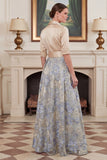 Champagne A Line Jacquard Laepl Collar Mother of the Bride Dress with Half Sleeves