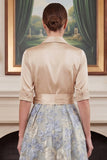 Champagne A Line Jacquard Laepl Collar Mother of the Bride Dress with Half Sleeves