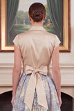A Line Floral Jacquard Champagne Midi Mother of the Bride Dress with Flutter Sleeves