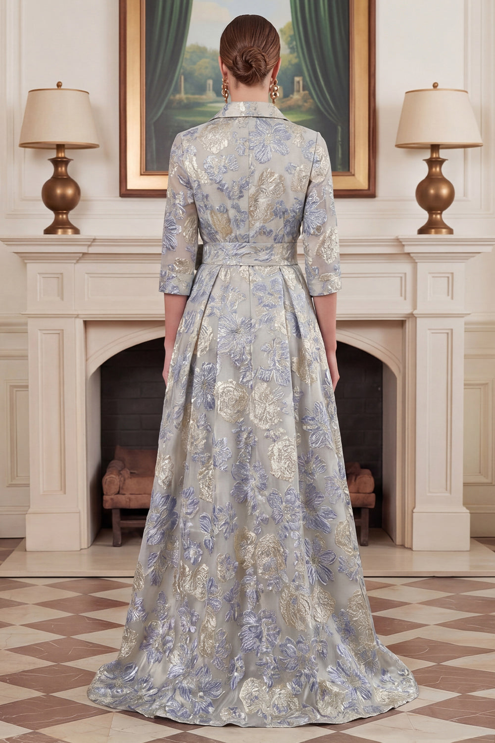 blue floral mother of the bride dress with sleeves A Line/Princess V Neck 3/4 Sleeves Floral Mother of the Bride Dresses Navy Blue