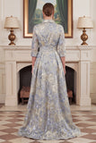 Floral Jacquard Dusty Blue Collar Mother of the Bride Dress with 3/4 Sleeves