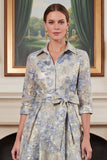 Floral Jacquard Dusty Blue Collar Mother of the Bride Dress with 3/4 Sleeves